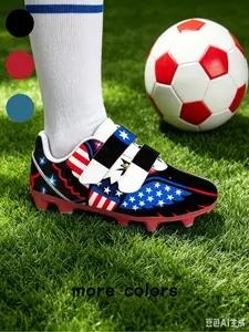 1 Pair Trendy Kids Soccer Cleats Retro American Flag & Glowing Eagle Print For Casual Streetwear & Grassland Sports Lightweight Flexible Red Rubber Sole