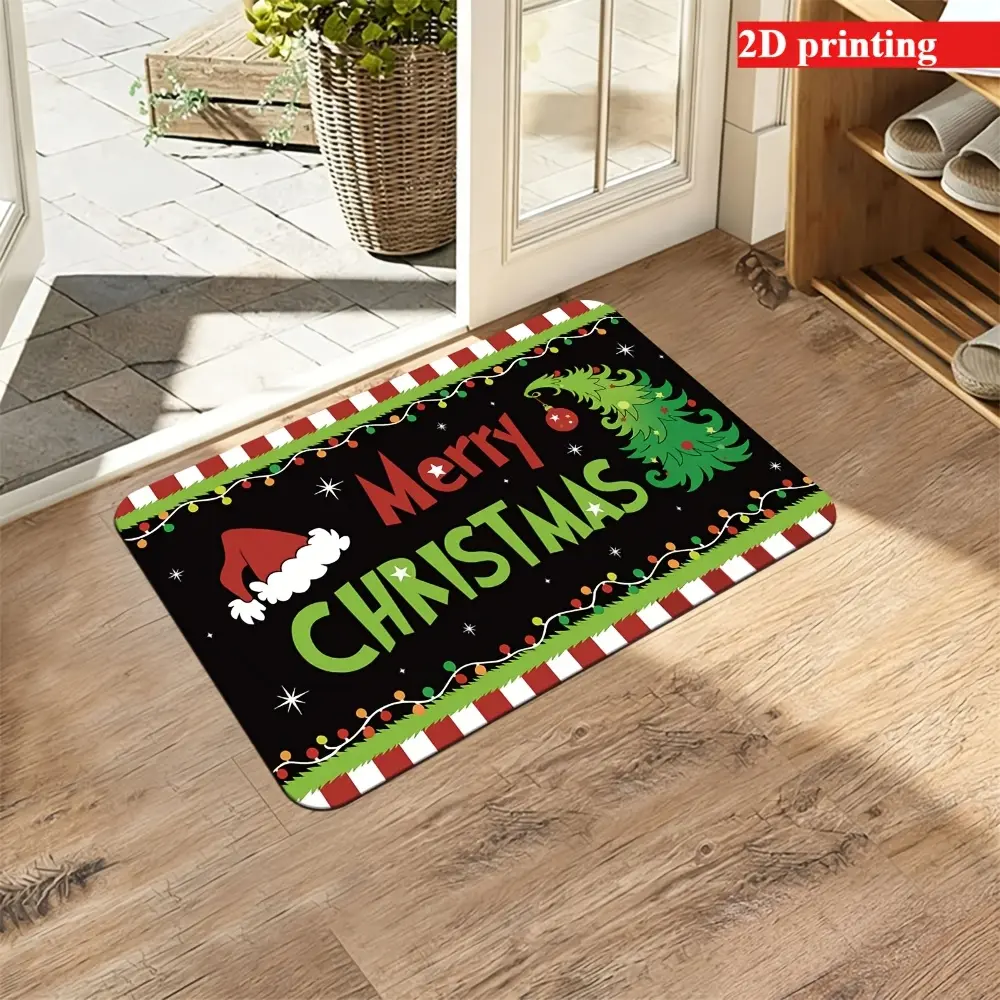 Grinch Style Merry Christmas Doormat, Funny Holiday Flannel Entrance Rug, Xmas Tree Santa Hat Decor Floor Mat for Front Door Porch, Christmas Home Decoration Gift