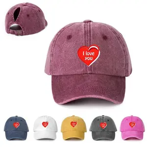Women's Vintage Washed Ponytail Baseball Cap, Romantic Coquette "I Love You" Heart Print Dad Hat for Messy Buns and Summer Wear, Clothes