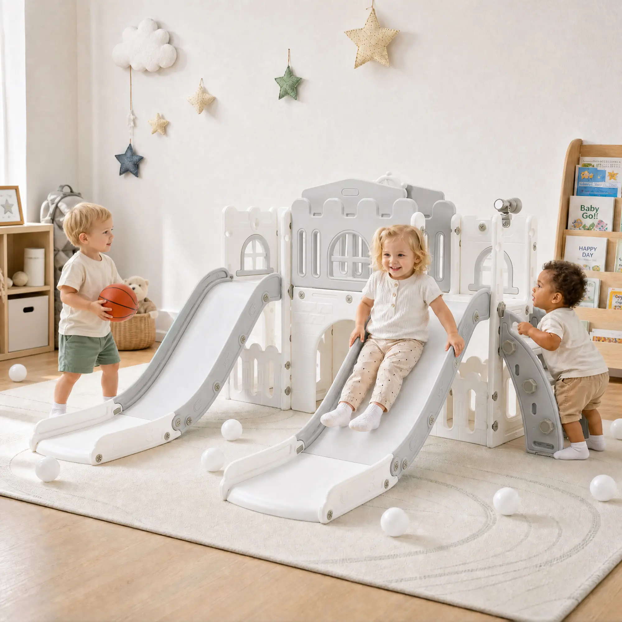 10-in-1 Large Toddler Slide Playset - Multifunction Safe HDPE Plastic Climber with Smooth Slide, Basketball Hoop, Crawl Tunnel, Telescope, Storage Space - Indoor Playground Equipment for Playroom, 1-3 Years Birthday Gifts, Safe Playground Equipment