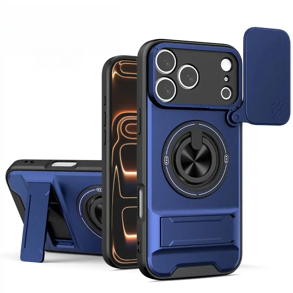Matte Shockproof Smartphone Shell, Compatible with iPhone 17/16/15/14/13/12/11 Pro Max Air, with Sliding Camera Cover, All-Around Camera Protection, 360° Rotating Circular Dual-Stand & Car Magnetic Mount, Handheld Cellphone Devices Accessory, Casing