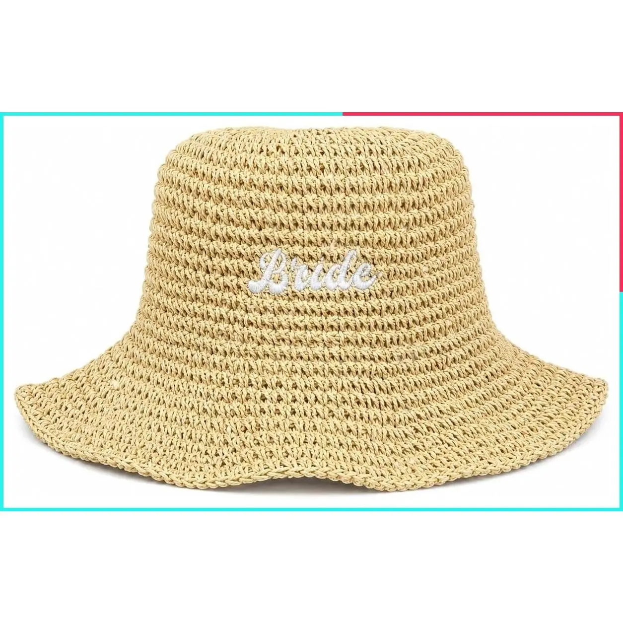 Beige Straw Bucket Hat for Bride - Bridal Sun Hat for Beach Wedding, Bachelorette Party & Honeymoon Accessory