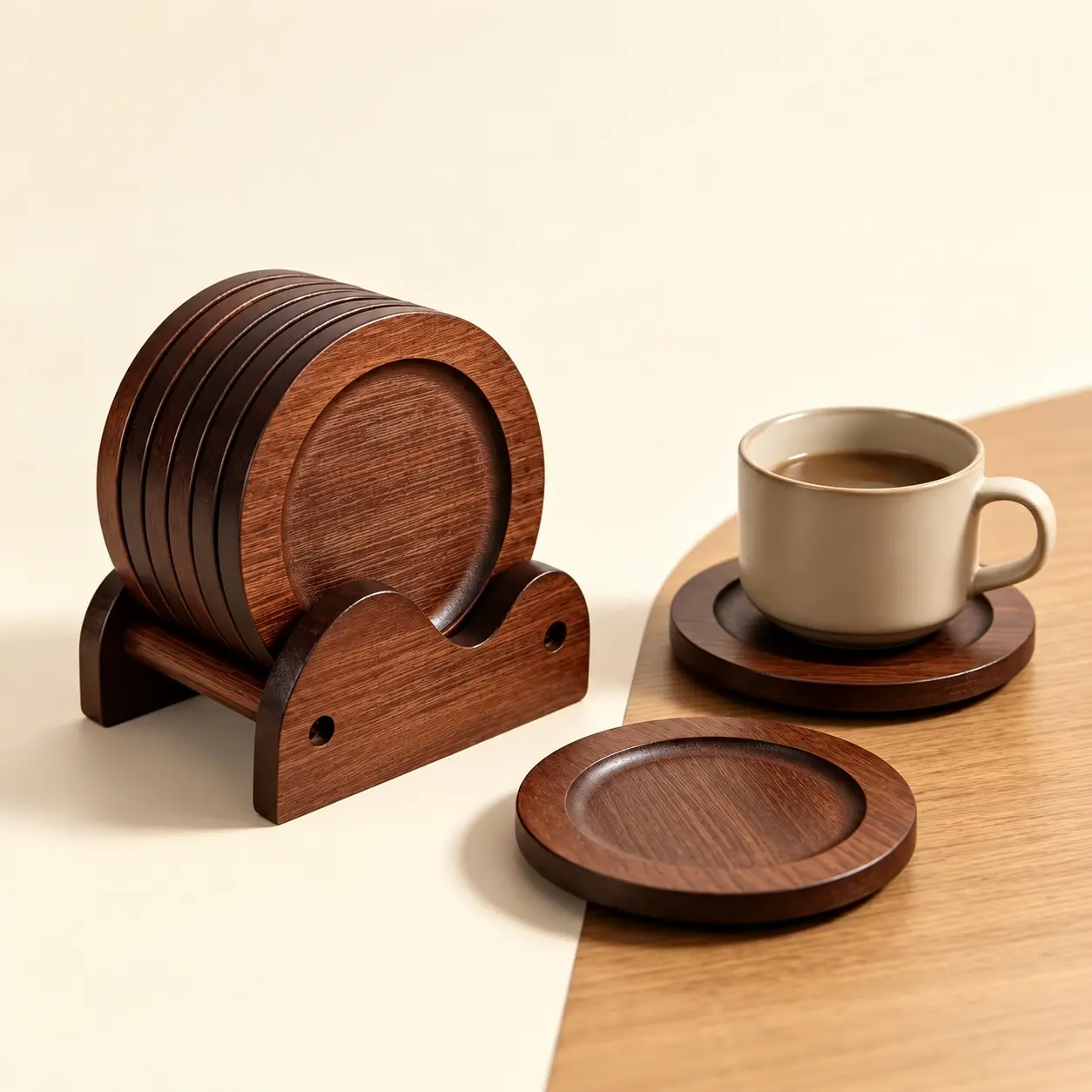 5PCS Dark Walnut Wooden Coaster Set with Holder, Heat Resistant Drink Coasters for Coffee, Tea & Cups, Coffee Table Protector, Home Bar Decor, Christmas Gift & Black Friday Deal