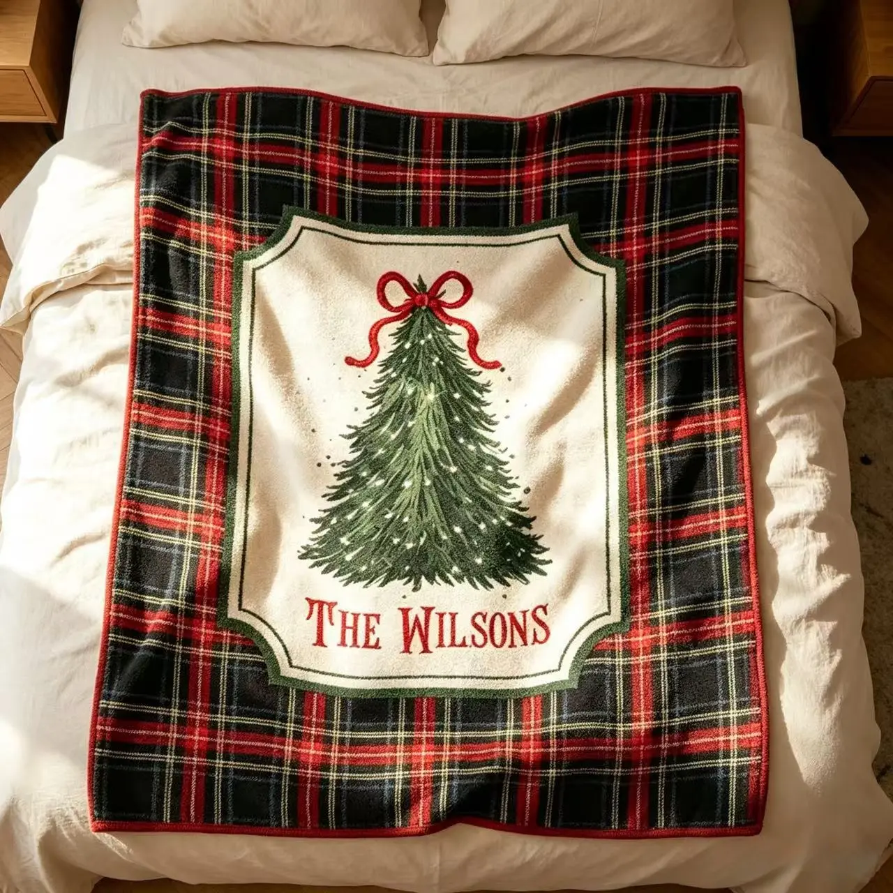 Personalized Family Name Christmas Tree Plaid Throw Blanket, Custom Last Name Holiday Flannel Blanket, Vintage Tartan Xmas Decor, Unique Christmas Gift for Family, Soft Warm Sofa Bed Cover Halloween and Christmas gifts