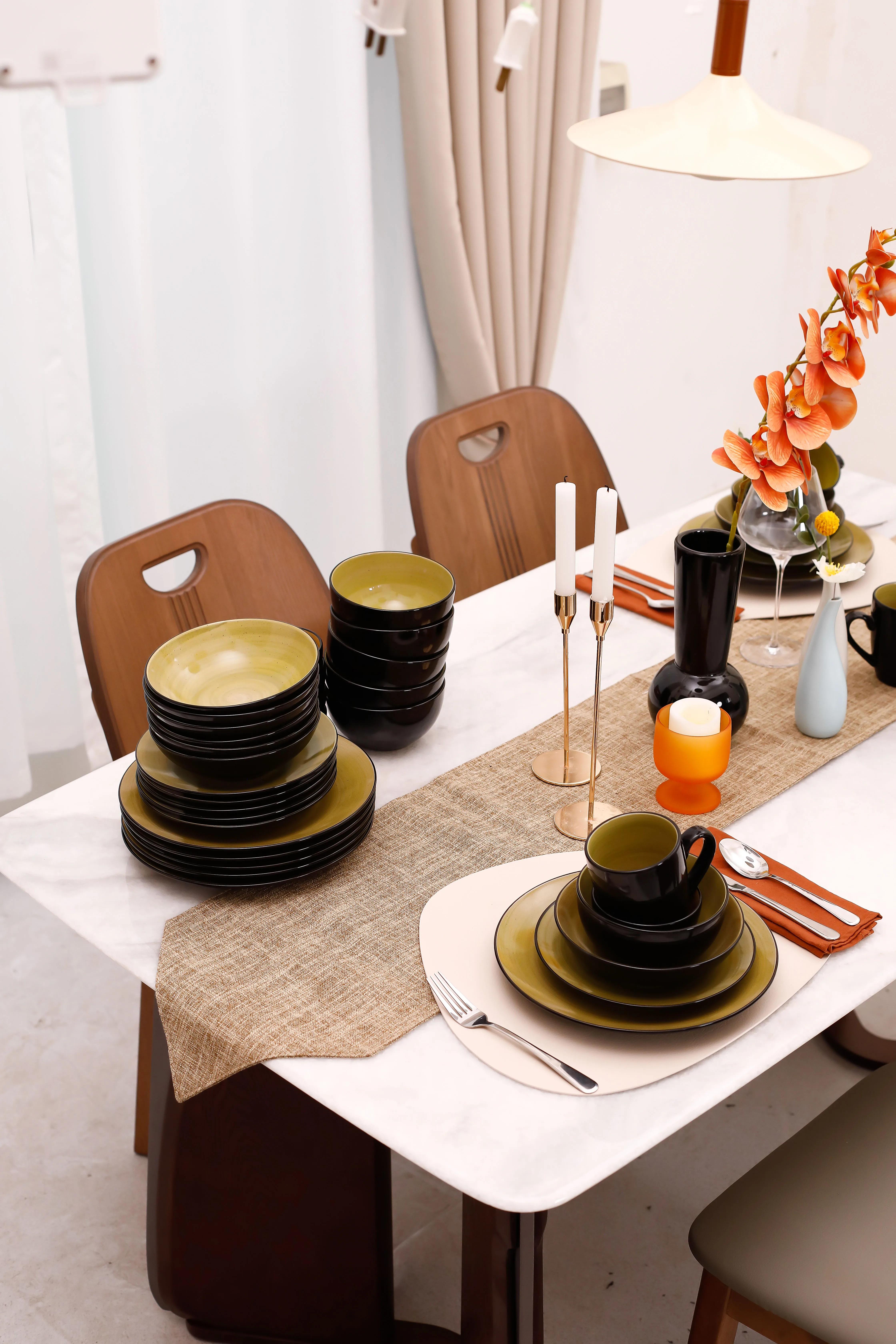 Handpainted Sonoma Green 16pc Ceramic Dish of Plate High-End Luxury Kitchen Bowls With Coffee Mug Premium Dinnerware Sets for 4