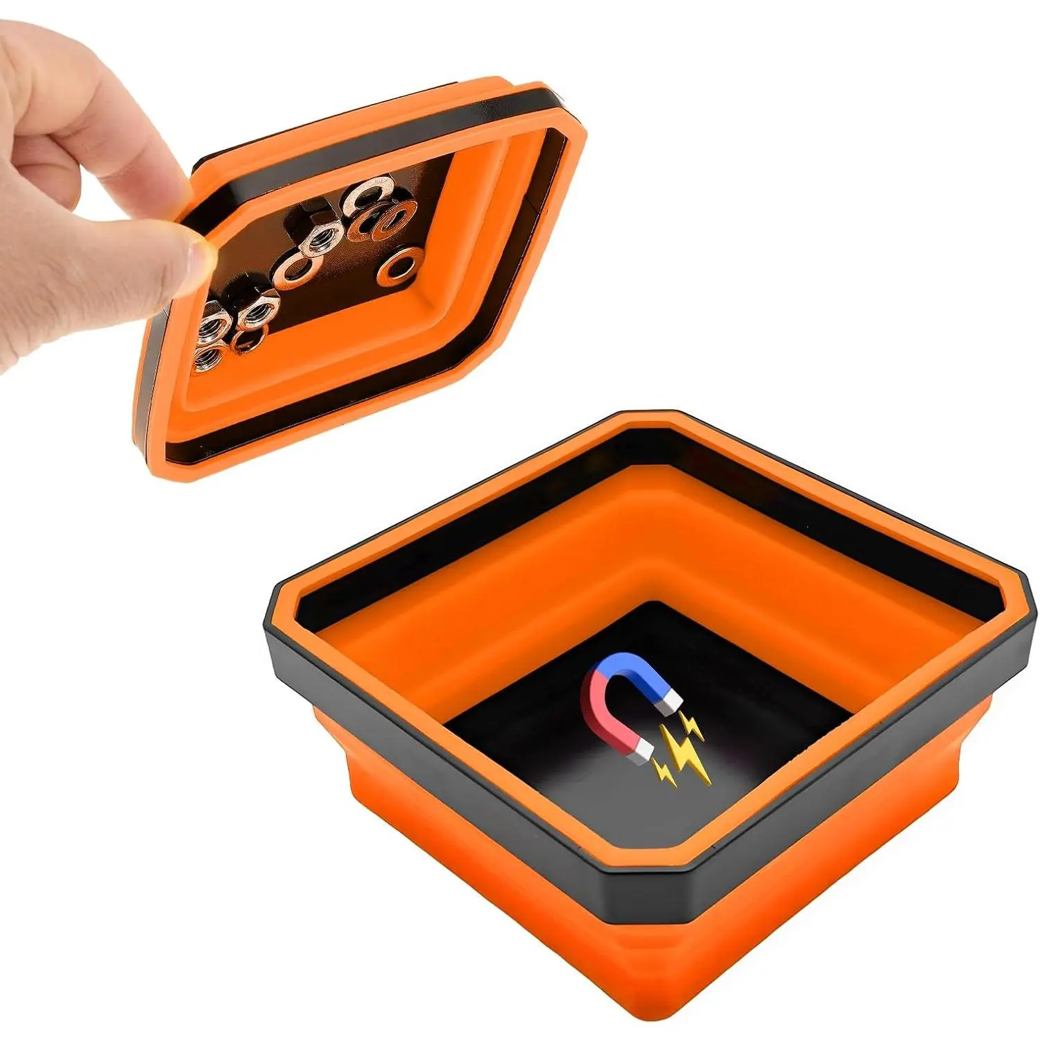 Collapsible   Tray, 4.5 Inch Foldable  Square  Tray, Tool Tray Set with Double-Sided  Base for Screw  Nuts Pins,  Accessories (Orange)