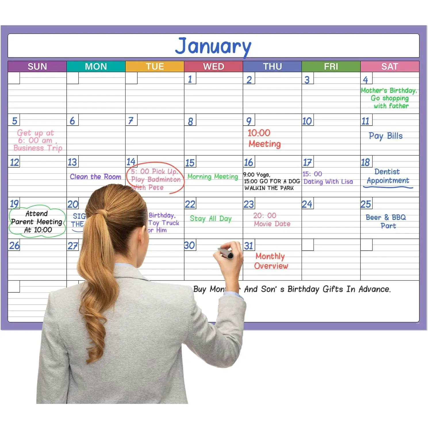 Large Dry Erase Calendar for Wall - 40" x 28", Erasable &  Laminated Calendar, Undated 1 Month Wall Calendar, 10 Round Stickers