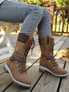Women's Outdoor Anti-Slip Thick Sole Mid-Calf Boots, Lace-Up Buckle Design, Warm and Comfortable, Casual Everyday Shoes