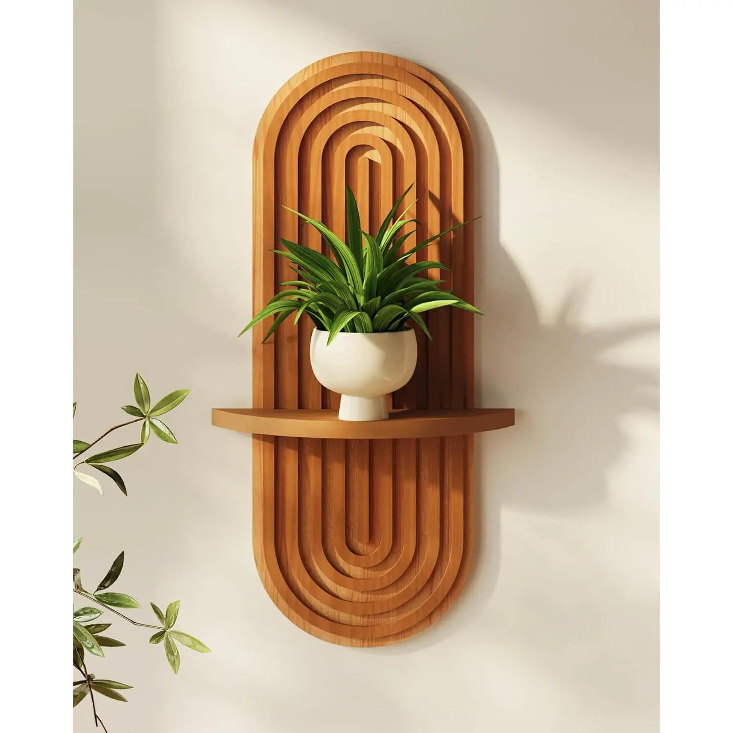 Boho Wall Decor Brown Plant Wall Shelf, Mid Century Modern Decor Hanging Plant Shelf, 1-Tier Bamboo Floating Shelves for Home Bathroom Bedroom Living Room Holding Planter Decoration Brown