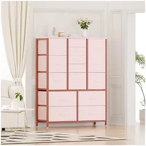 GARVEE15-Drawer Fabric Dresser for Bedroom + Tall Storage Unit + Metal Frame + Wood Top + Side Pockets & Hooks + Adjustable Feet + Living Room, Entryway