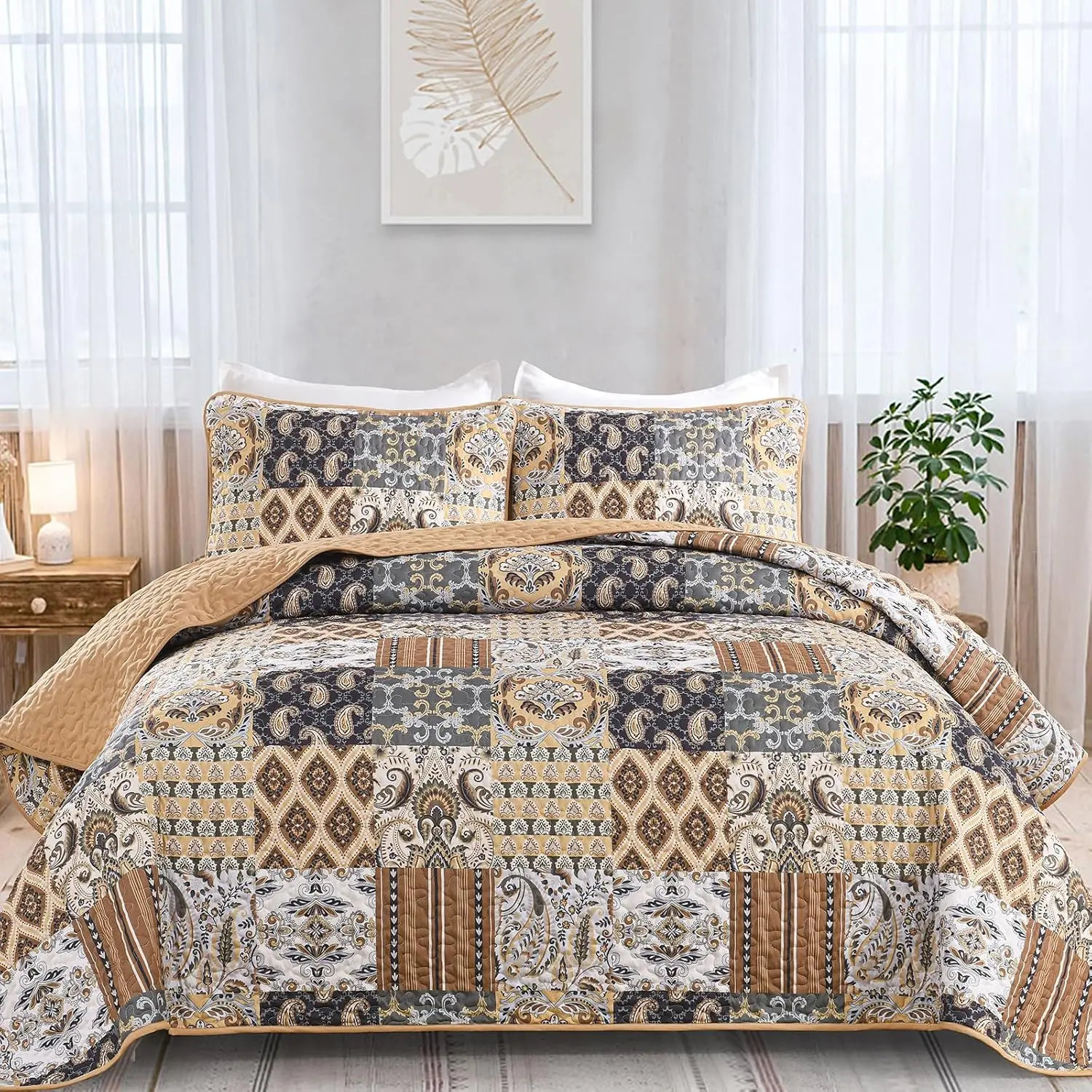 Boho Quilt Set  Size, Dark Brown  Patchwork Bedspread  Set Soft Microfiber Quilt for  Bed Reversible 3 count Coverlet Set for   (96"x90")