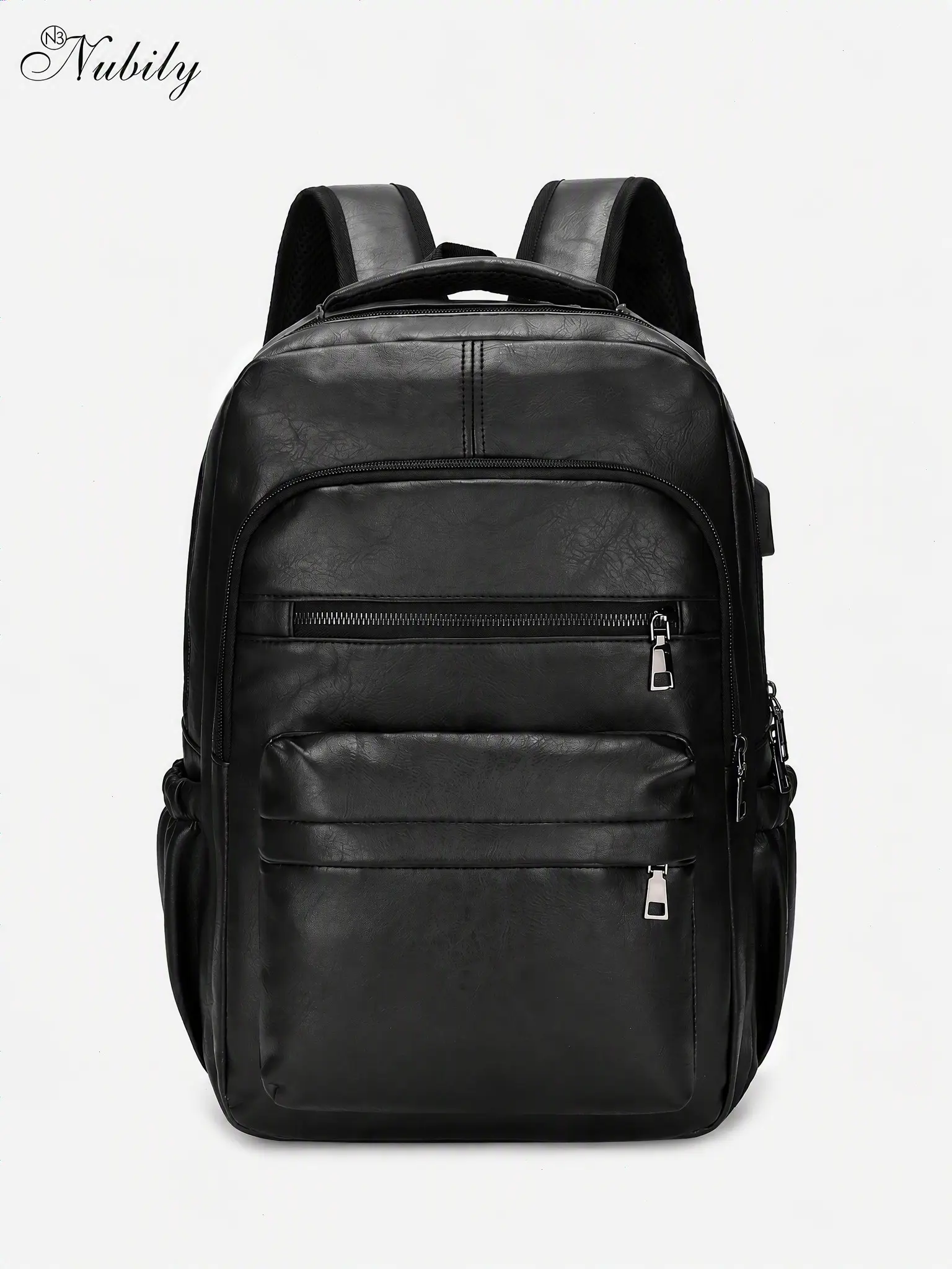 14 Inch PU Leather Laptop Backpack for Men, Water Resistant Business Backpack, USB Charging Port, Multi-Pocket Travel Daypack