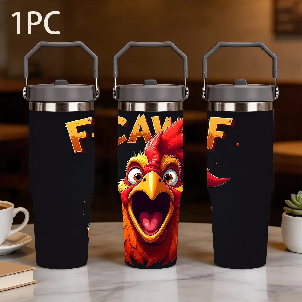 1pc 30oz large capacity portable thermos cup printed with F-CAW-F shock screaming rooster American cartoon funny pattern, gold dabob three-dimensional F-CAW-F funny words, American funny emoji style, revolving seal cover with gray portable handle