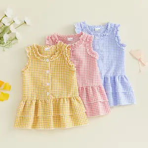 Girls Plaid A-line Dress Gingham Sleeveless Checkered Flowy Cami Strap Dress Casual Check Sundress for Kids