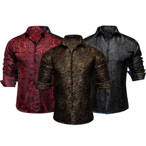 1Pack Luxury Formal Casual Men Paisley Floral Anti-Wrinkle Dress Breathable Anti-Wrinkle Slim Long Cufflinks Cotton Cloth Men Shirt Business Top Wedding Party Menswear Gamis Brown + Blue + Black Tropical No.32Gift(Sheets)