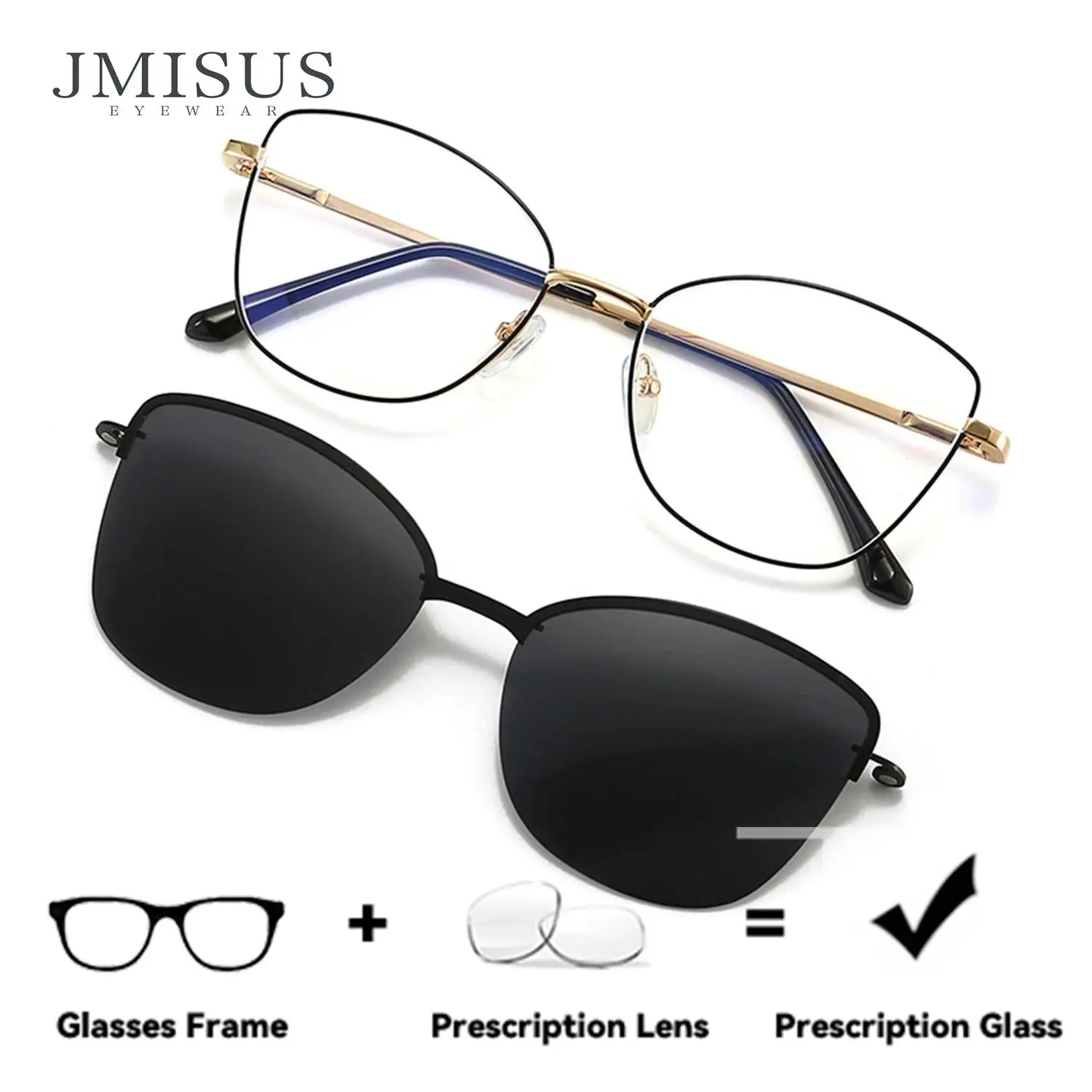 JMISUS Clip on Polarized Sunglasses Cat Eye Prescription Glasses Woman High-Quality Metal Blue Light Filter Optical Eyewear