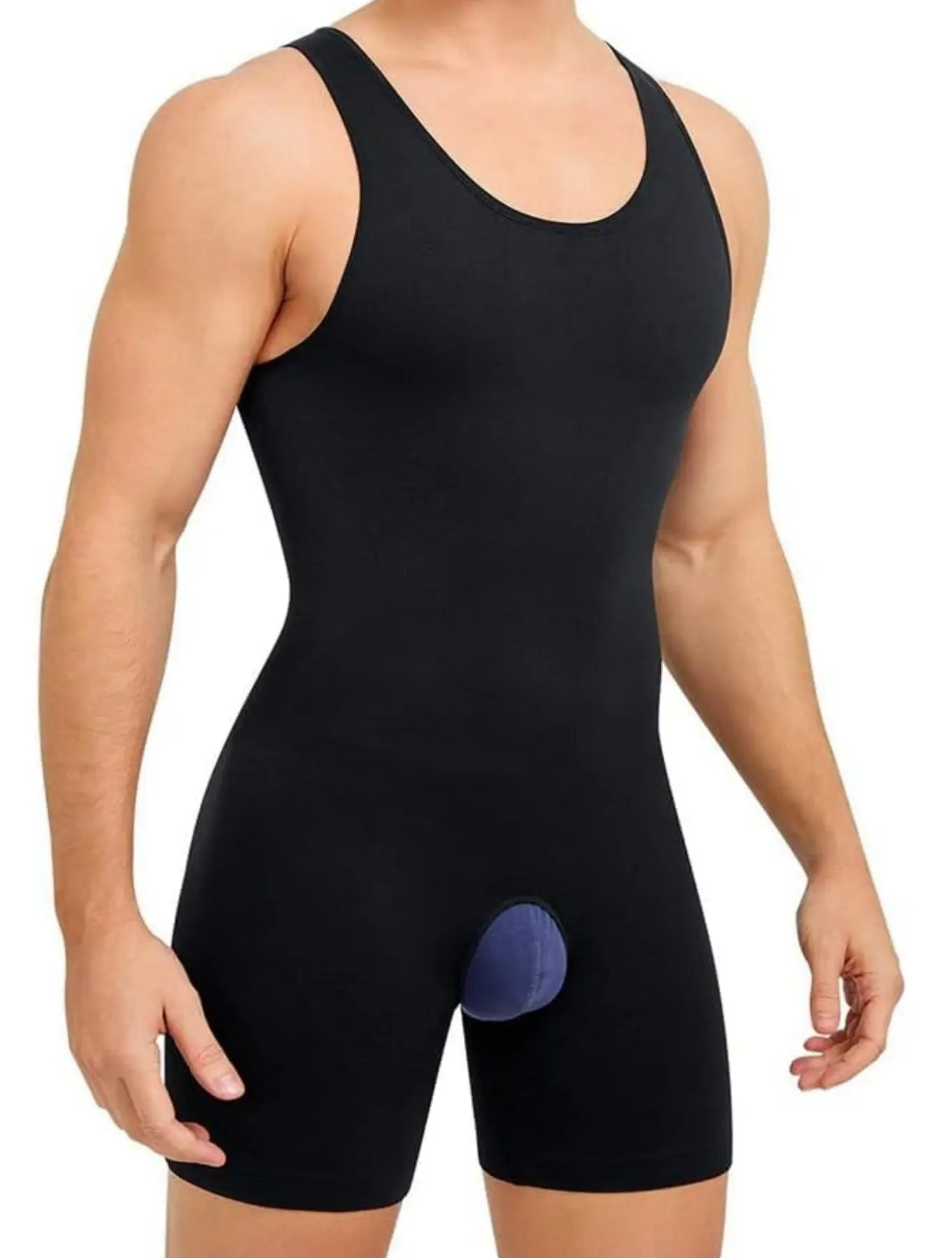 1 Count Men's Stretch U-Neck Sleeveless Core Contouring Shaper, Everyday Wear Shapewear, Fajas, Open Crotch Mid-Thigh Functional Tank Bodysuit, Breathable Knit Supportive Form-Fitting Jumpsuit, Suitable For Daily Outings, Office Attire