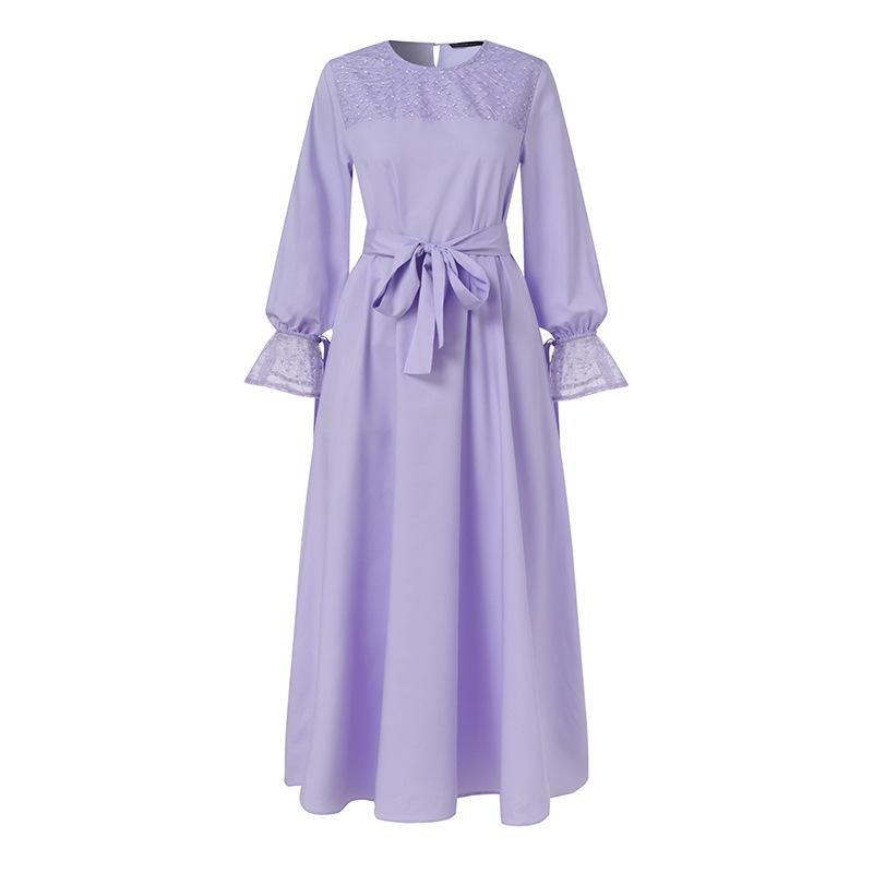 Creative and Elegant Muslim Women'S Long-Sleeved A-Line Dress |   Solid Color Patchwork, Four-Way Stretch, Tie Front Detail, Perfect for Spring, Summer, Autumn Casual Wear