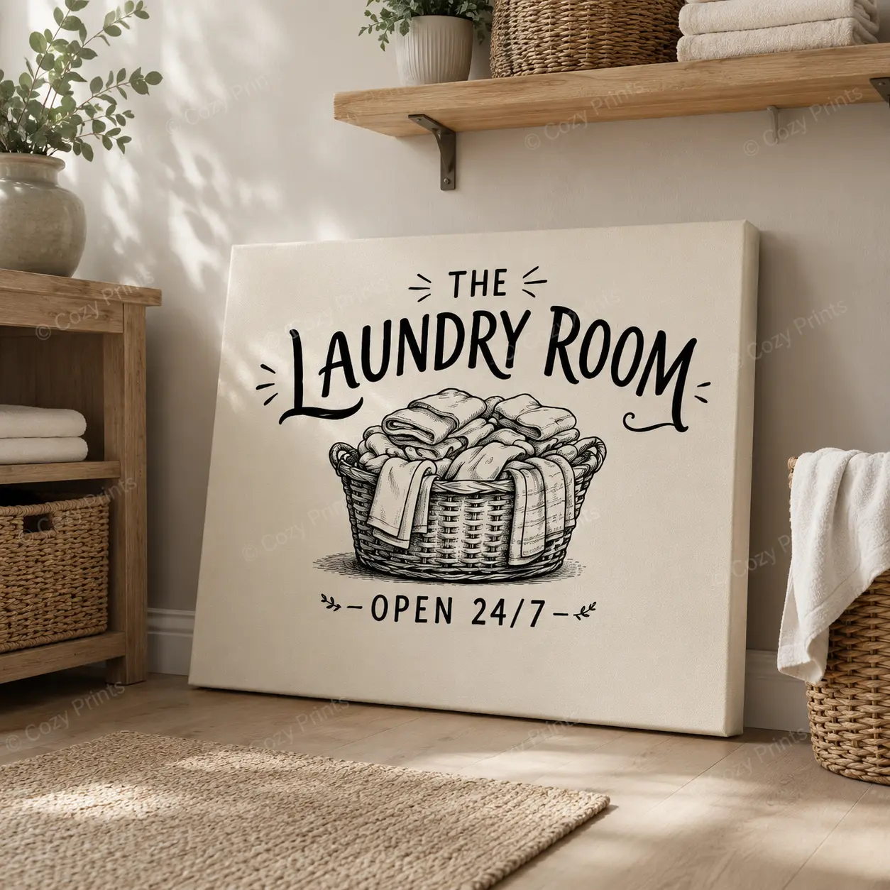 Laundry Room Canvas Wall Art, "The Laundry Room Open 24/7" Funny Laundry Sign Poster, Farmhouse Laundry Decor, Rustic Typography Wall Print, Unframed Canvas Poster or Framed Canvas ,wall decor,poster.