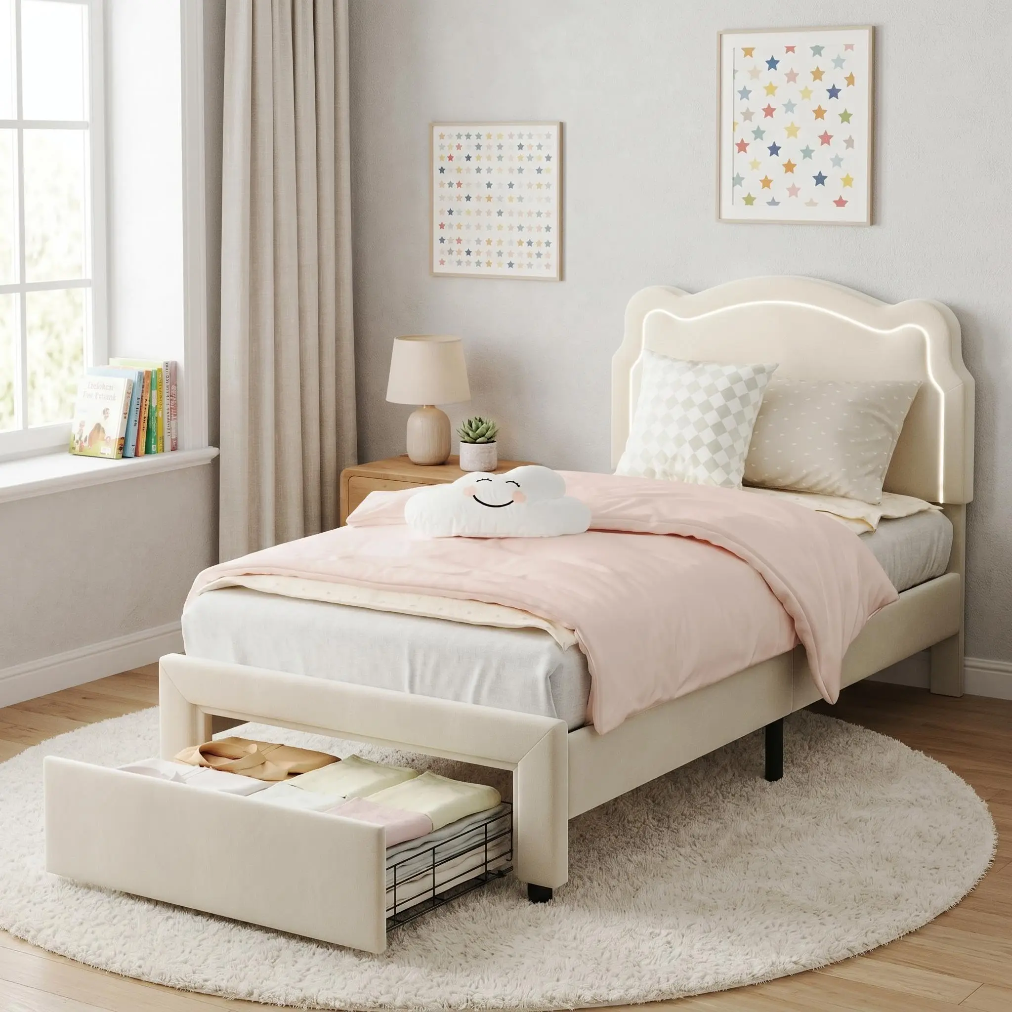 Garvee Upholstered Twin Platform Bed with Adjustable Bear-Shaped Headboard, Smart RGB LED Lights, Wooden Slats, and Noise-Free Design, No Box Spring Required