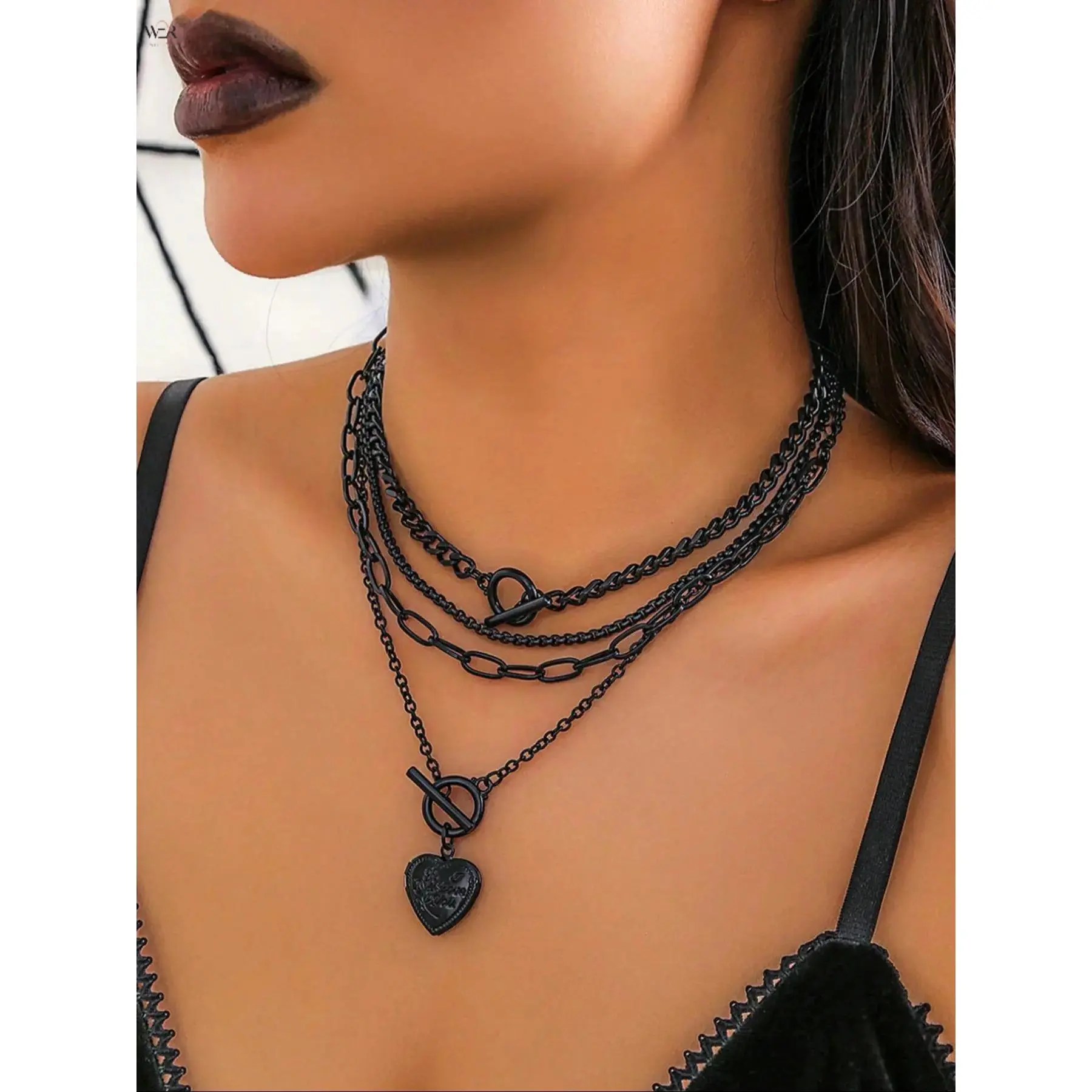 Gothic Black 3-Tier Layered Chain Necklace, Matte Black Glitter Heart Pendant OT Clasp Stackable Choker, Edgy Punk Adjustable Statement Neck Jewelry for Men Women