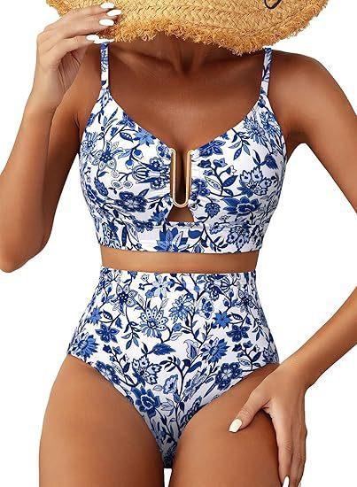 2026 New Women's Green Checkered Print Fashion Sexy High Waist Belly Cinched Bikini Beachwear