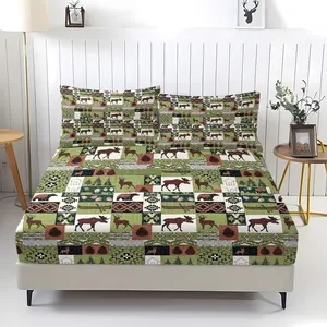 Rustic Brown Bear And Elk Themed Fitted Sheet, Soft And Comfortable Bedding Set (1 Sheet + 2 Pillowcases, No Pillow Core), Suitable For Teenagers And Adults, Bedroom, Dormitory, Guest Room Scene