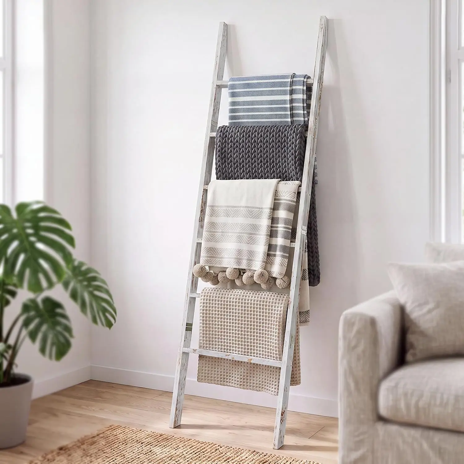 6-Tier Blanket Ladder Wooden, 5.7FT(66.5'') Blanket Quilt Towel Holder Rack Decorative Ladder, Easy Assembly, Rustic  Ladder Shelf for The Living Room Bedroom Bathroom  Decor, Brown