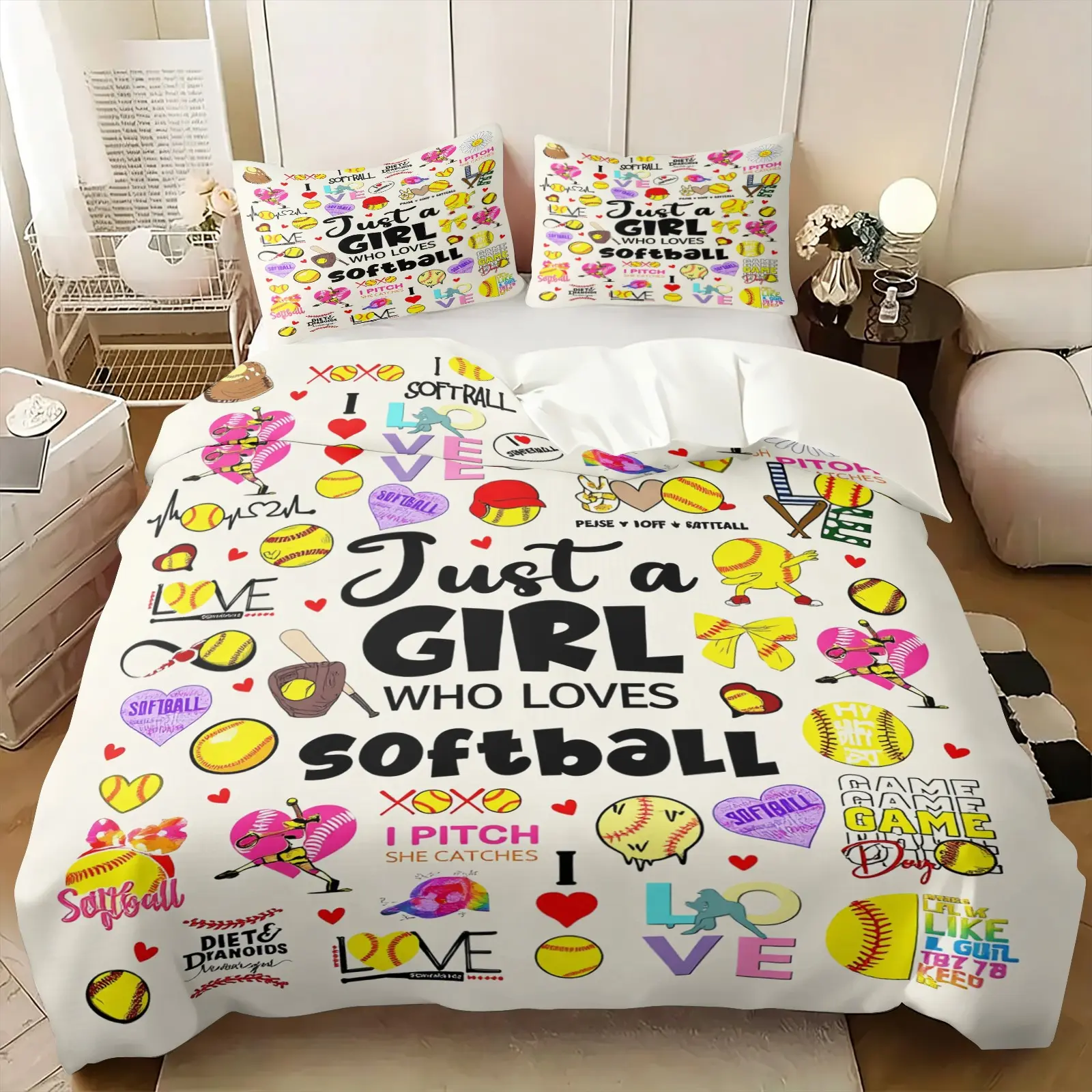 2/3Pcs Just A Girl Who Loves Softball Duvet Cover Set, Softball Bat Glove Comforter Cover, Sports Bedding Set with Pillowcases, No Filler, Ultra Soft Digital Print for Teen Girls Softball Lovers Bedroom Decor