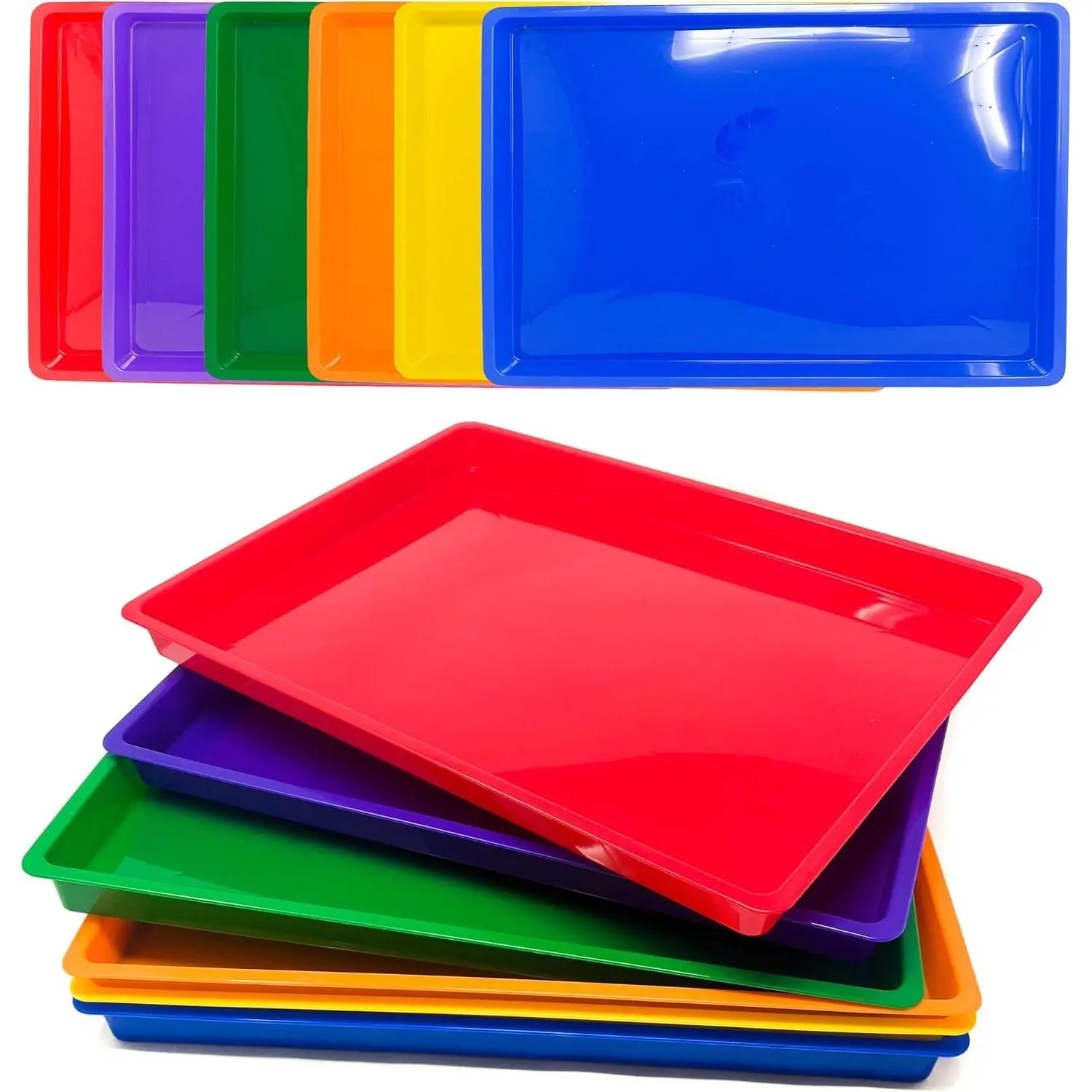 6 Flat Stackable Plastic Paper Trays - Multi-Color Durable Sturdy Safe Educational Craft Trays, Art and Classroom Supply Organizer for Kids