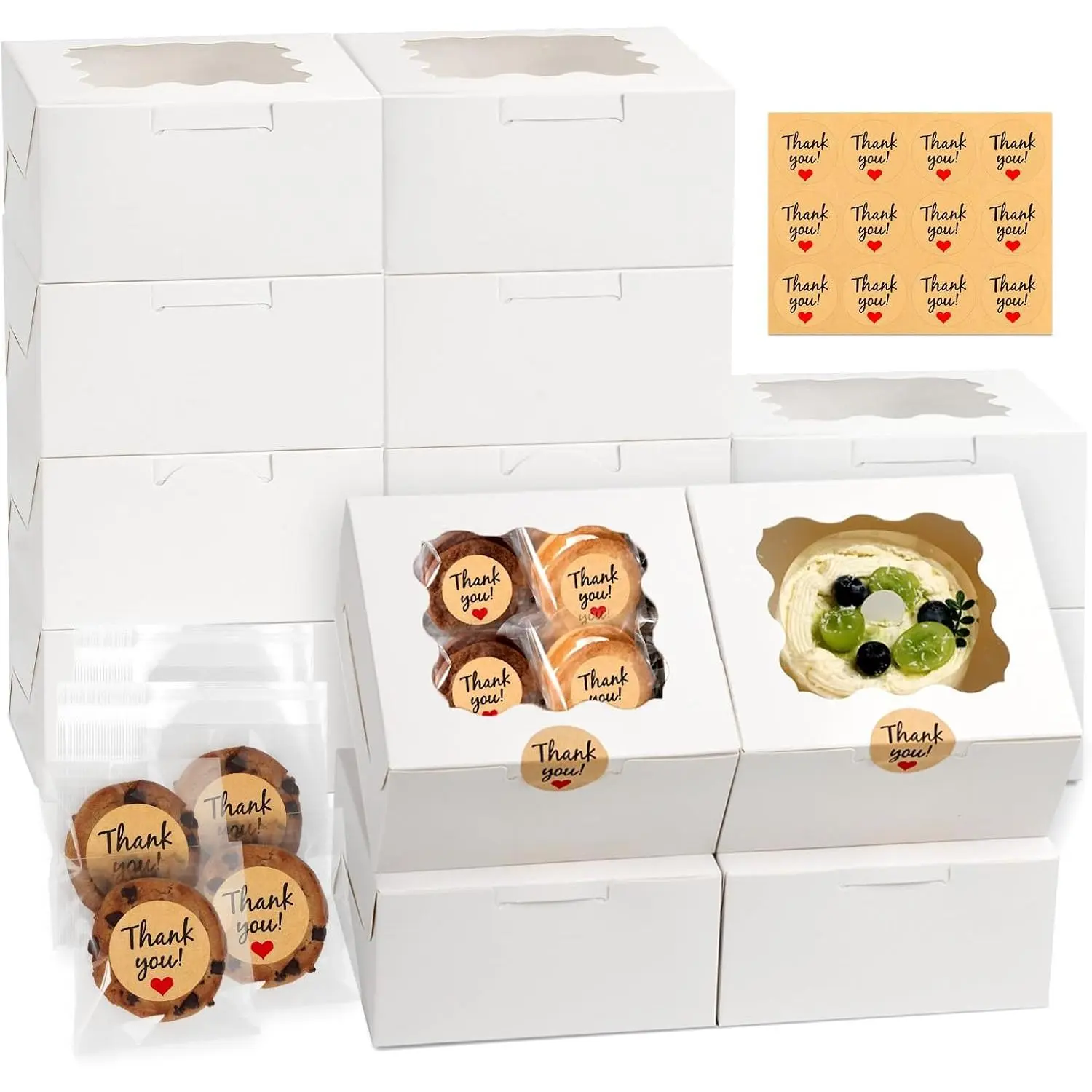 12 count Cookie Boxes with Window, 6x6x3 Inches White Bakery Boxes,  Boxes with 50 count Cookie Bags and 12 count Stickers, for Dessert Pastry  Strawberries Macarons Donut Cupcake