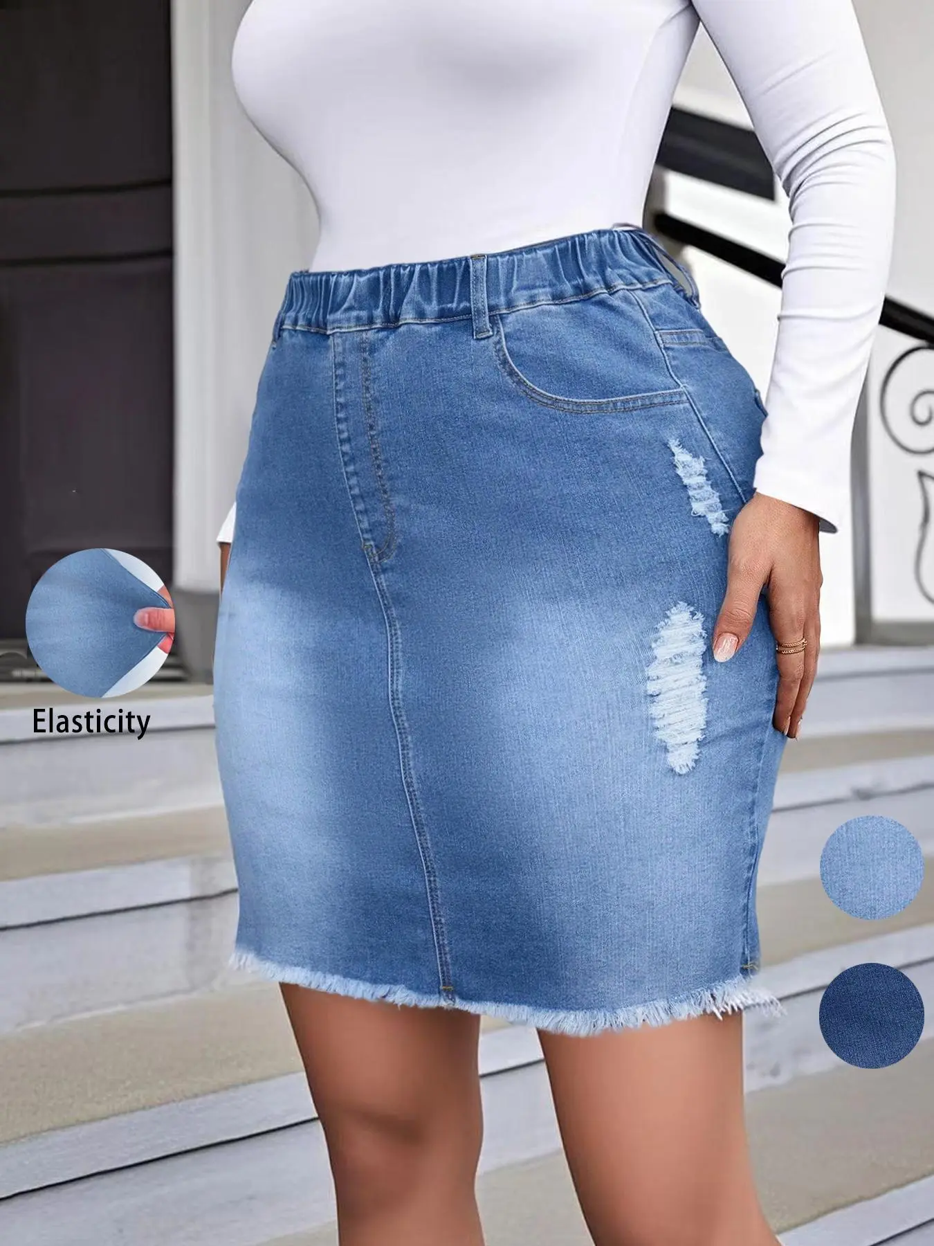 Women's Ripped Distressed Denim Skirt Elastic Fitted, Fashion Casual Short Skirt for Daily Outdoor Wear, Ladies Bottoms for Summer, Womenswear Elastic High Waist Skirt