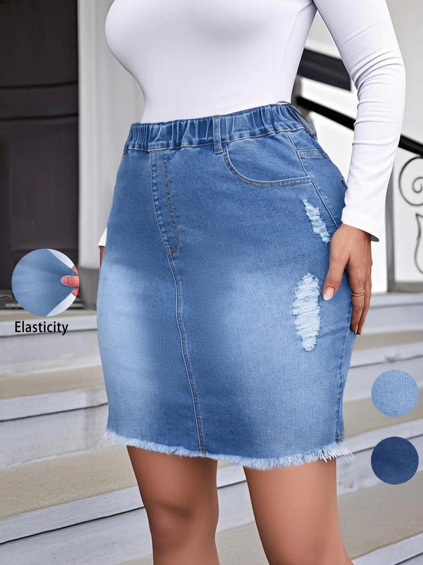 Women's Ripped Distressed Denim Skirt Elastic Fitted, Fashion Casual Short Skirt for Daily Outdoor Wear, Ladies Bottoms for Summer