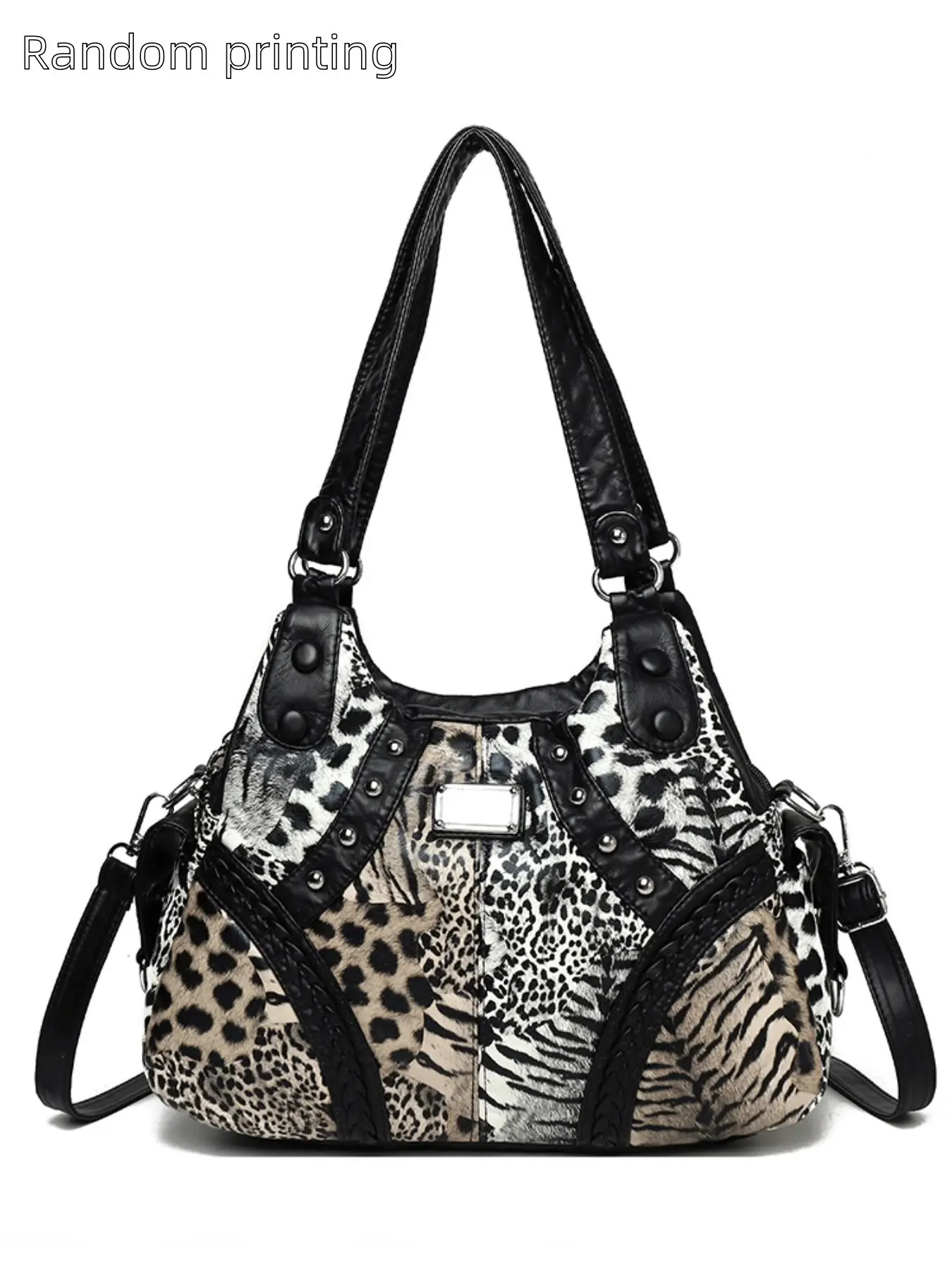 2026 New Leopard Print Embellished Shoulder Bag for Women, High-End Large Capacity Crossbody Tote, Rivet Patchwork, Adjustable Strap, Casual Style