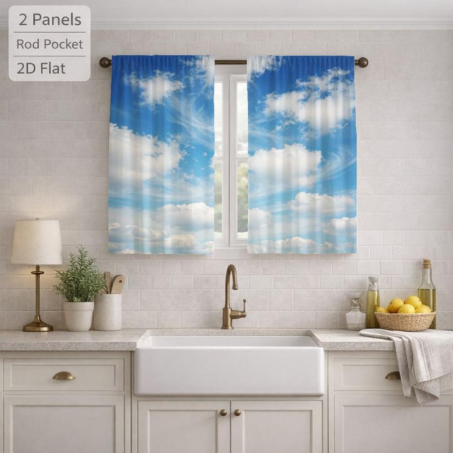 2Pcs Blue Sky White Cloud Pattern Landscape Sun Blocking Curtains Digital Printed Rod Pocket, Window Treatment For Bedroom Office Kitchen Living Room Study Home Decor