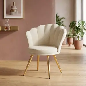 White Shell Shaped Velvet Vanity Chair 3.2In High Density Sponge Cushion Extra Wide 18.5In Seat Curved Solid Back Gold Metal Leg Anti-Scratch Foot Pads Ergonomic Accent Side Chair For Bedroom Makeup Living Room
