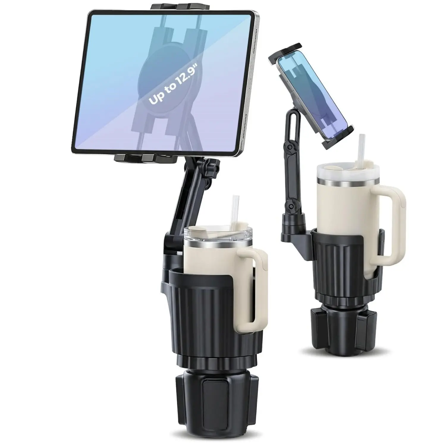 3-In-1 Car Cup Holder Phone Stand, Phone Holders For Your Car Cupholder, Tablet Holder, Cup Holder ipad Car Mount with Expander, Adjustable Base, Long Arm, 360°Rotation Holder Fits 4-12.9'' Tablet, Smartphones, Most Bottles