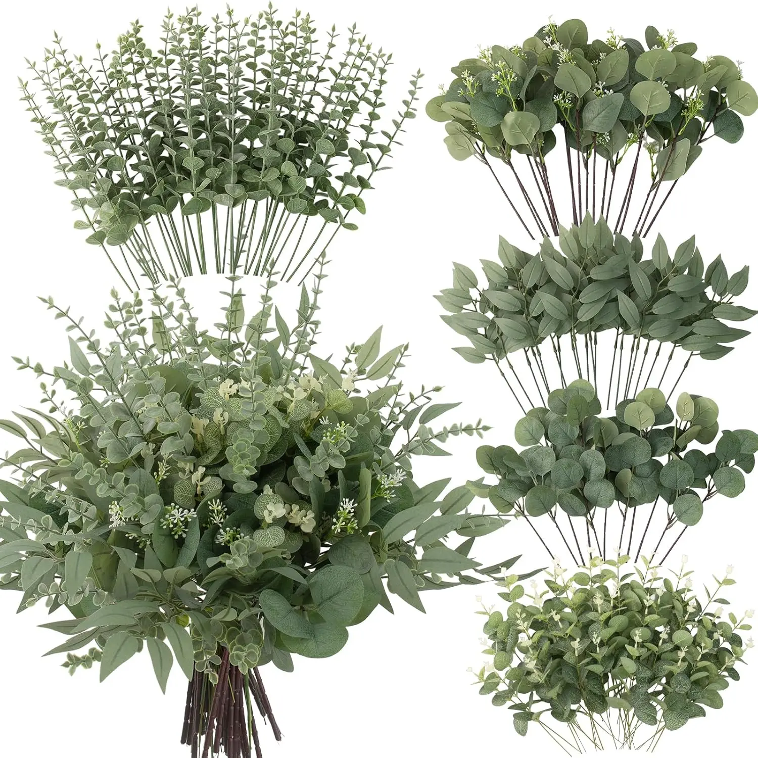 130 Pcs Artificial Mixed Eucalyptus Stems Bulk, 5 Kinds of Faux Greenery Eucalyptus Leaves Bulk for Vase Wedding DIY Bouquets Floral Arrangement Home Decor (130, Green)