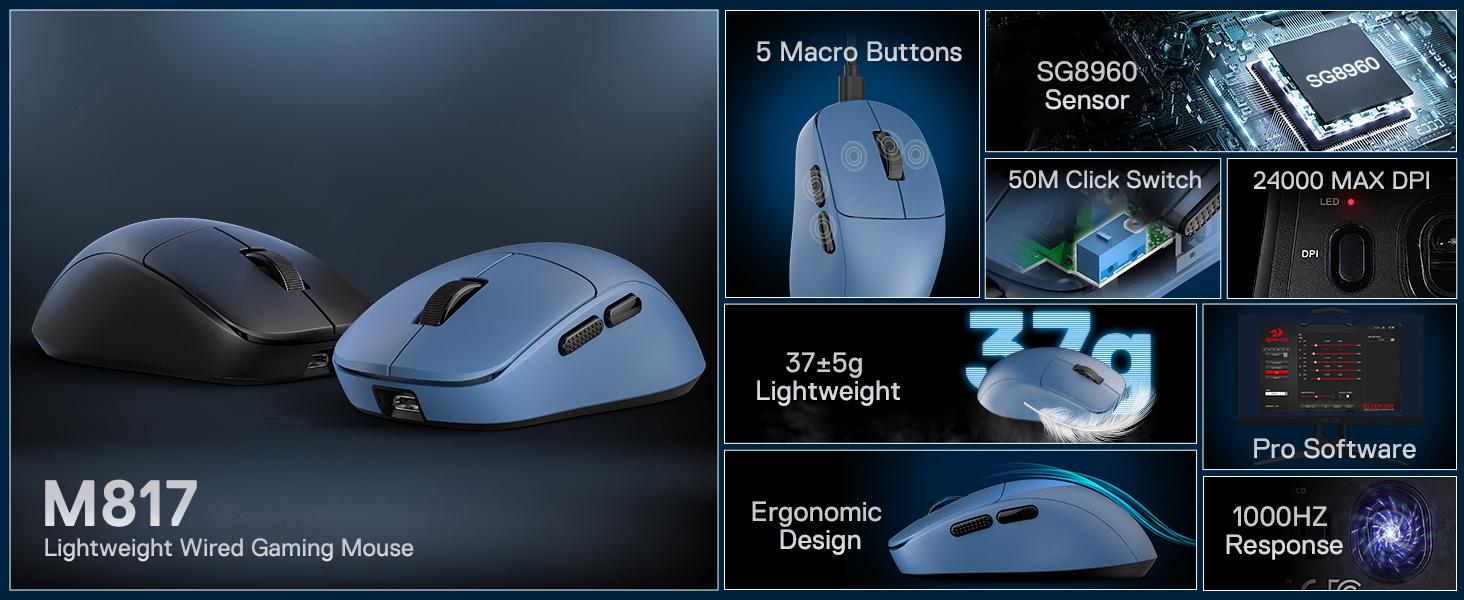 Redragon M817 Wired Gaming Mouse, 24000 DPI Optical Mice with 5 Programmable Buttons & Ergonomic Design, 37G Ultra Lightweight, Software Supports DIY Keybinds, Blue