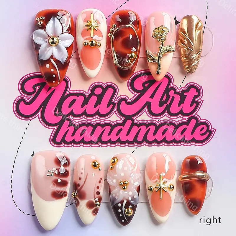 Delicatething Y2K Style Long Sharp Nails, Handmade Wearable Nail Set, 4 Sizes XS S M L, Beads, French Design, Nail Art Design, Perfect Gift for Women, Artificial Nails