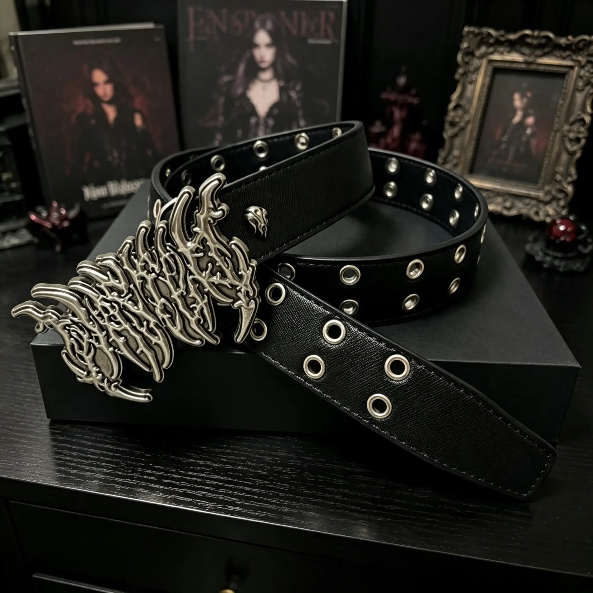 Unisex Dark Flame PU Leather Belt with Large Metal Buckle, Double Row Grommets - Punk Gothic Rock Hip-Hop Waist Strap for Alt Outfits, Jeans