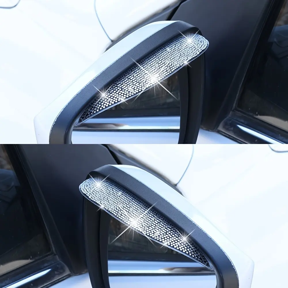 2pcs Universal Bling Crystal Rhinestone Car Rearview Mirror Rain Visor, Waterproof Anti-Glare Sun Shade Cover, Sparkly Diamond Car Decor