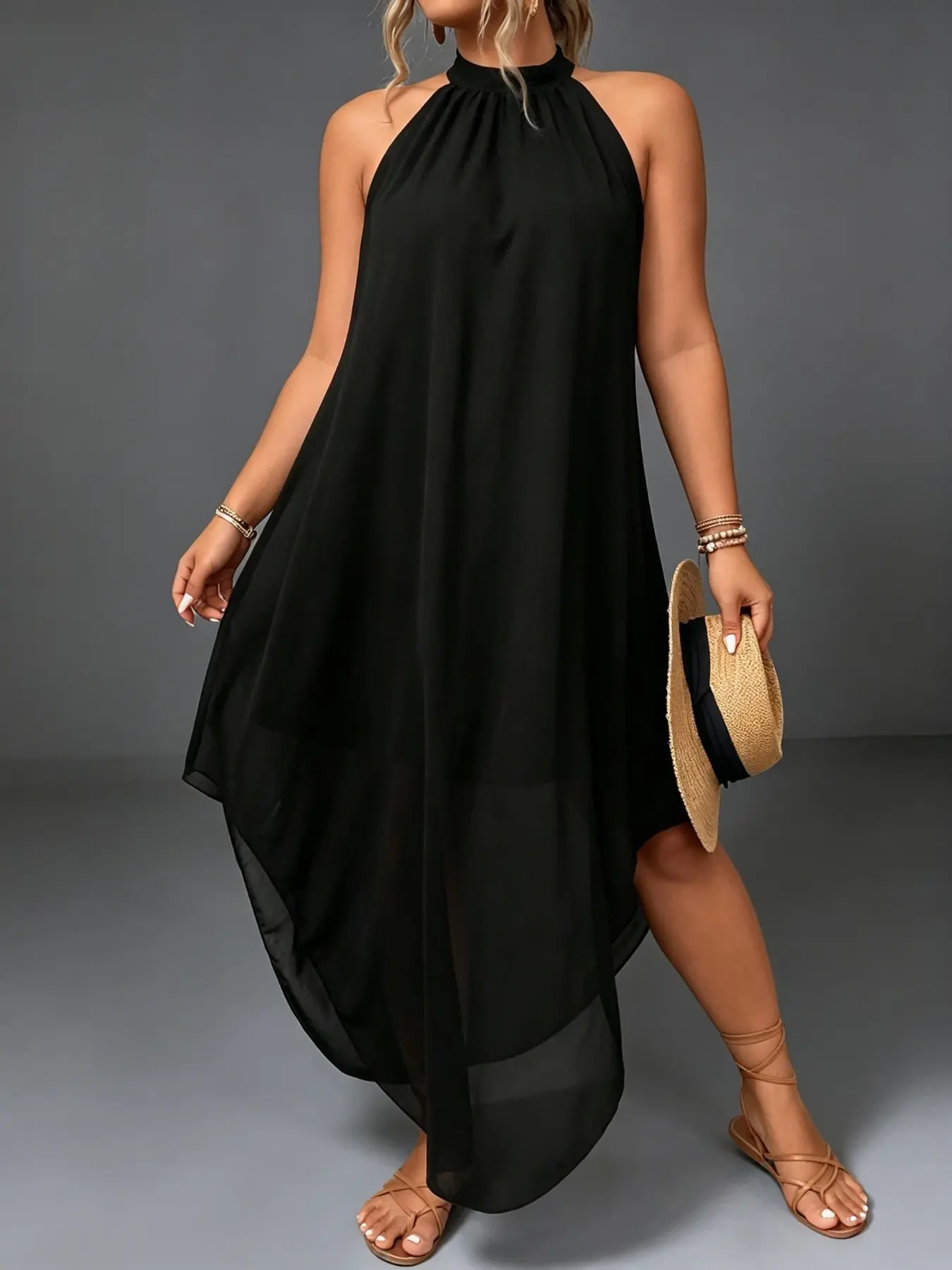 Plus Size Halter Neck Lightweight Chiffon Dress, Lazy Vacation Style, Sleeveless Stand Collar Semi-Transparent Flowy Asymmetrical Hem, Plus Size Long Dress for Beach Travel Office Party