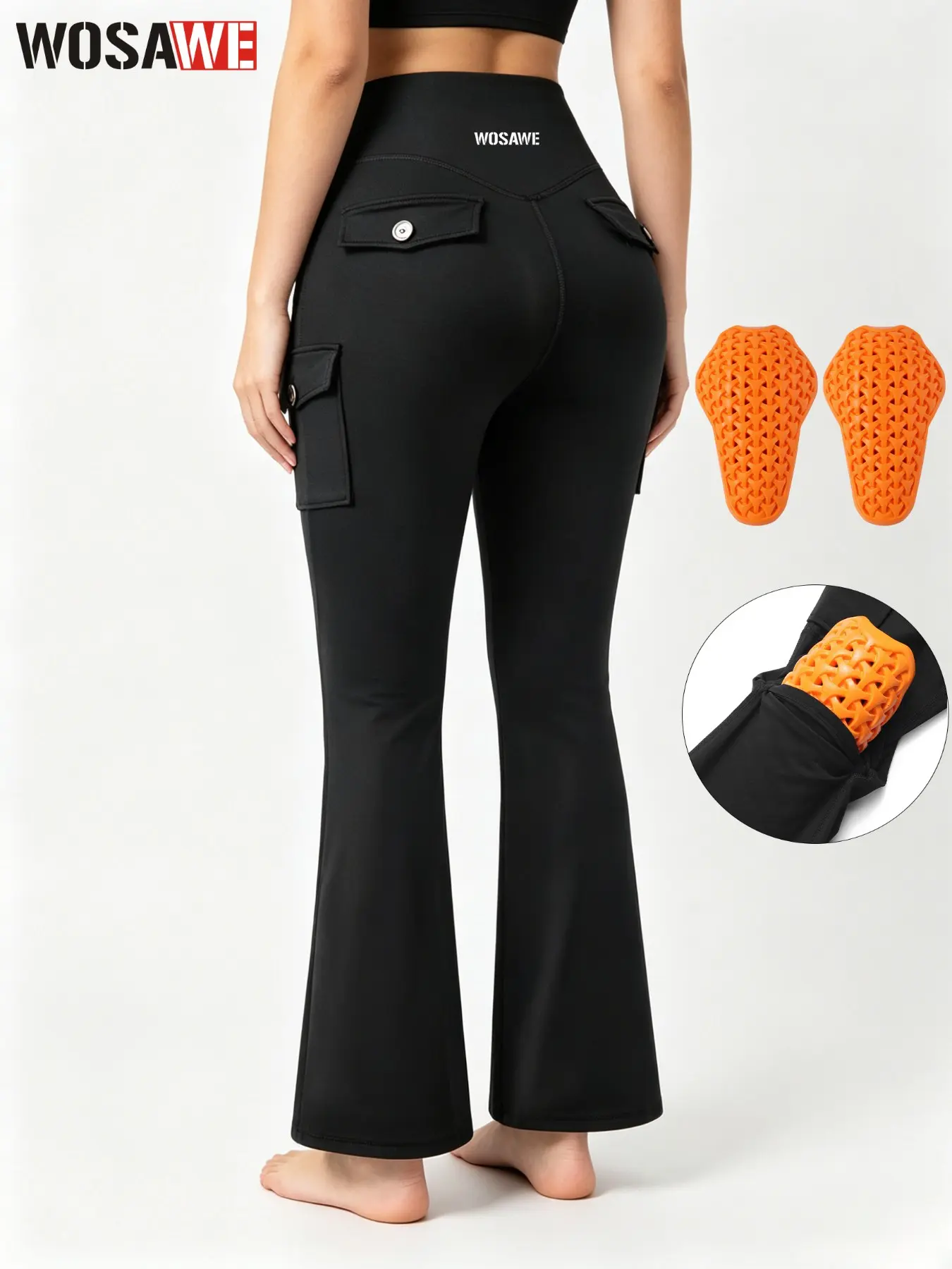 WOSAWE Women Biker Flare Legging High Waist Motorcycle Pants Tummy Control with Knee Pads Flat seams, smooth and durable Flared Sports Pants