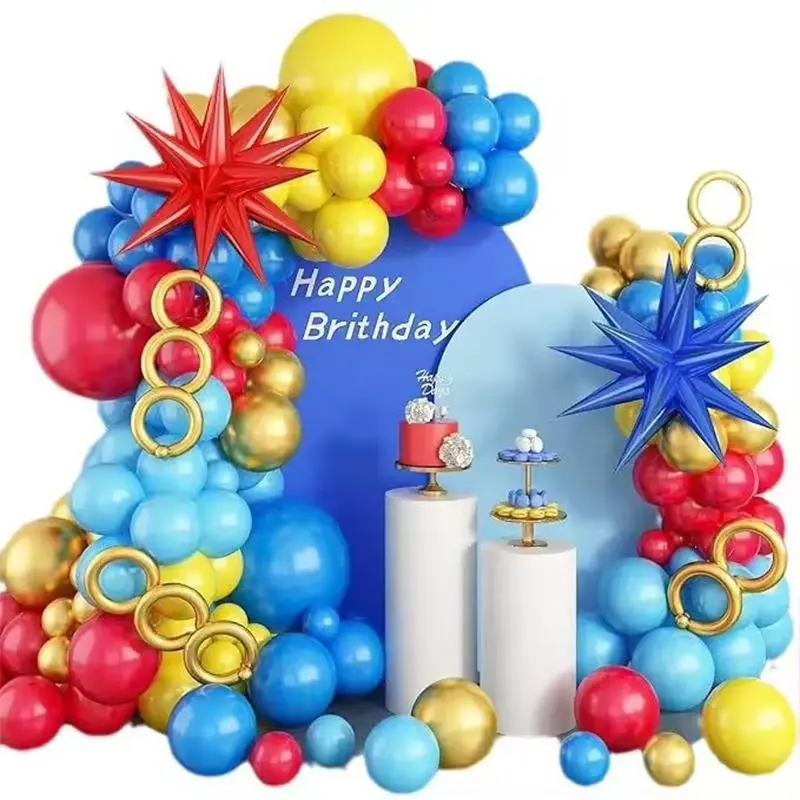 112Pcs Red Blue Yellow Balloons Metal Strip Balloons Arch Garland Kit Cartoon Carnival Circus Theme Birthday Party Decoration