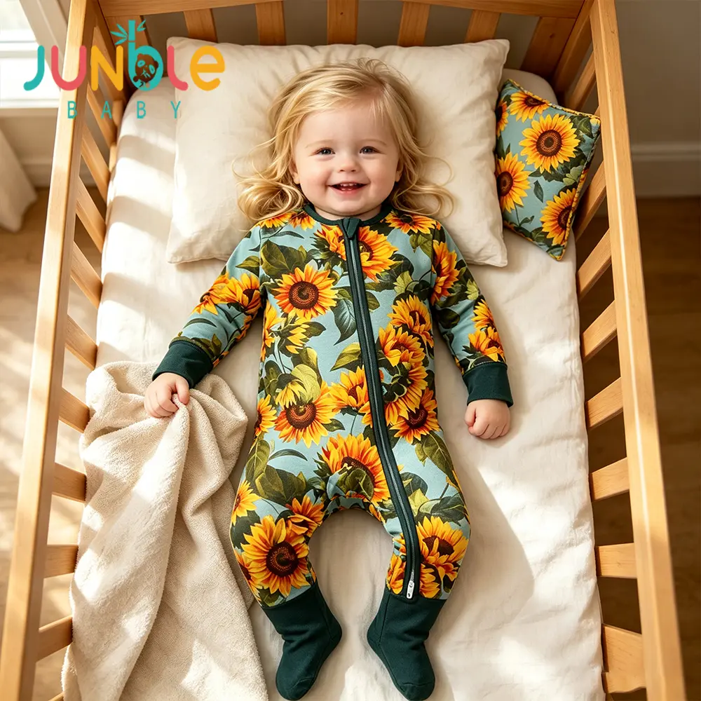 JUNBLEBABY Sunflower Print Bamboo Baby Long Sleeve Footed Romper, cute baby girl romper,baby pajamas,baby bamboo clothes,baby romper,baby sleeper,Two-Way Zipper Soft Breathable Toddler Sleep Play Onesie for 0-3T Girls