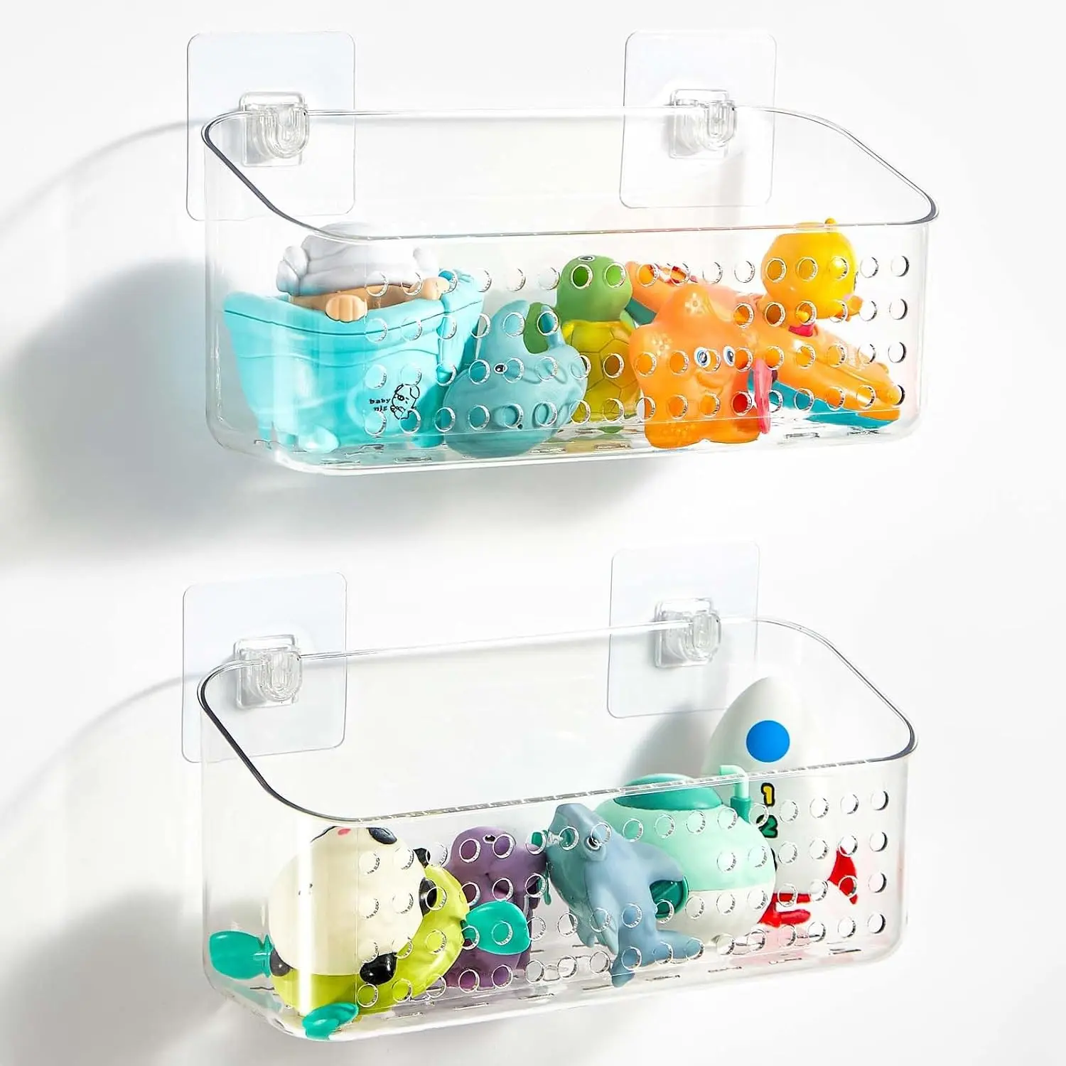 Bath Toy Storage 2 Pack, Large Bathtub Toy Holder Shower Caddy for Bathroom | Clear Drainable Bathtub Toy Organizer, No Drill Shower Organizer, Quick Dry Bath Tub Toy Net Basket Bin for Baby Toddler Kids