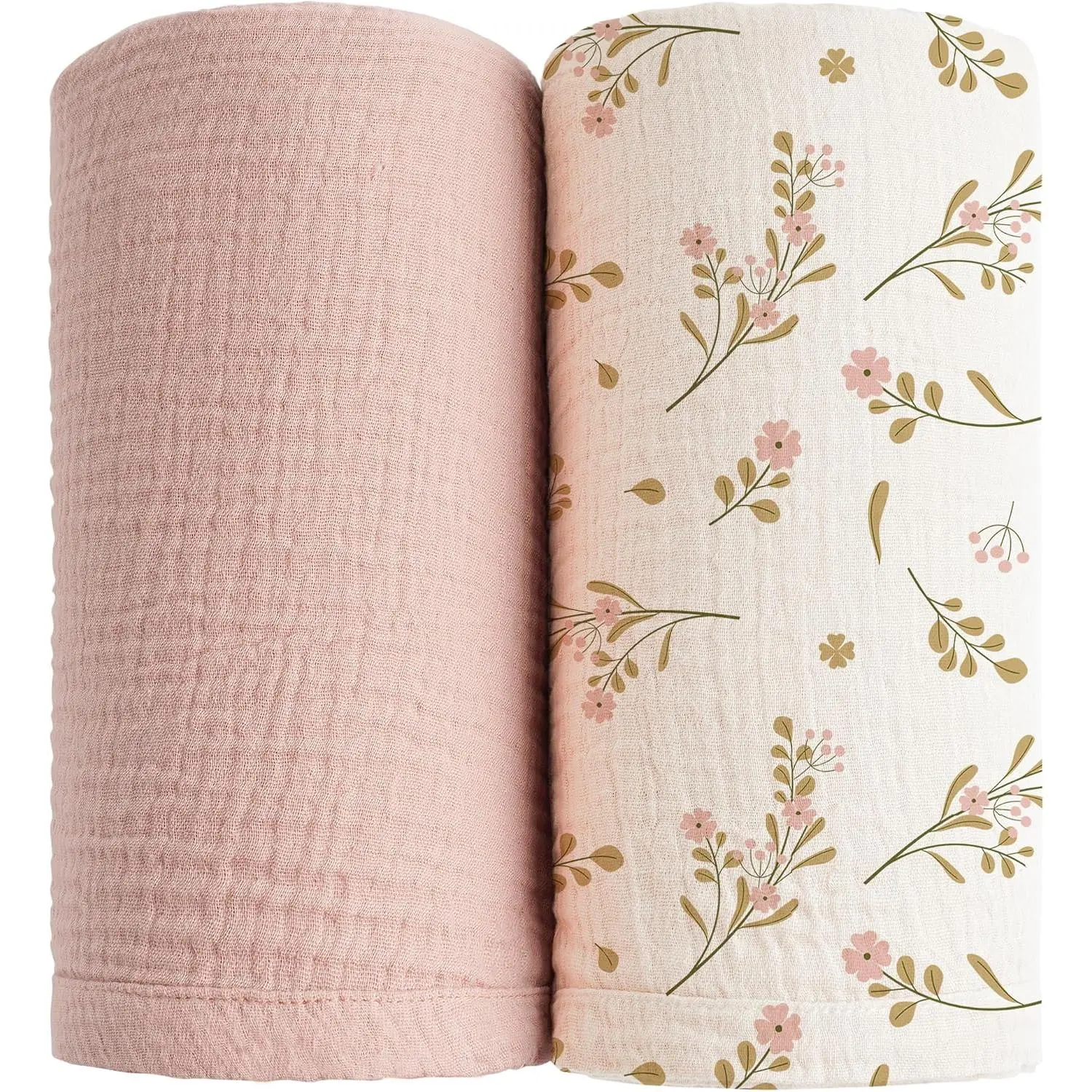Muslin Swaddle Blankets for Girls Boys 2 Pack, 100% Cotton Receiving Baby Blanket Large 47 x 47 inches, Soft Breathable Swaddling Wrap for Unisex Newborn (Pink, Floral)