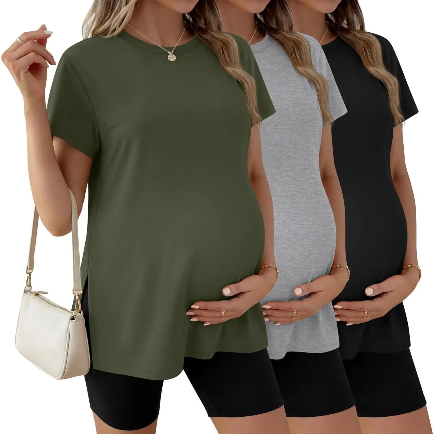 3 Pack Women's Maternity T Shirts, Short Sleeve Side Split Pregnancy Tops Casual Crew Neck Pregnant Tees Mama Clothes