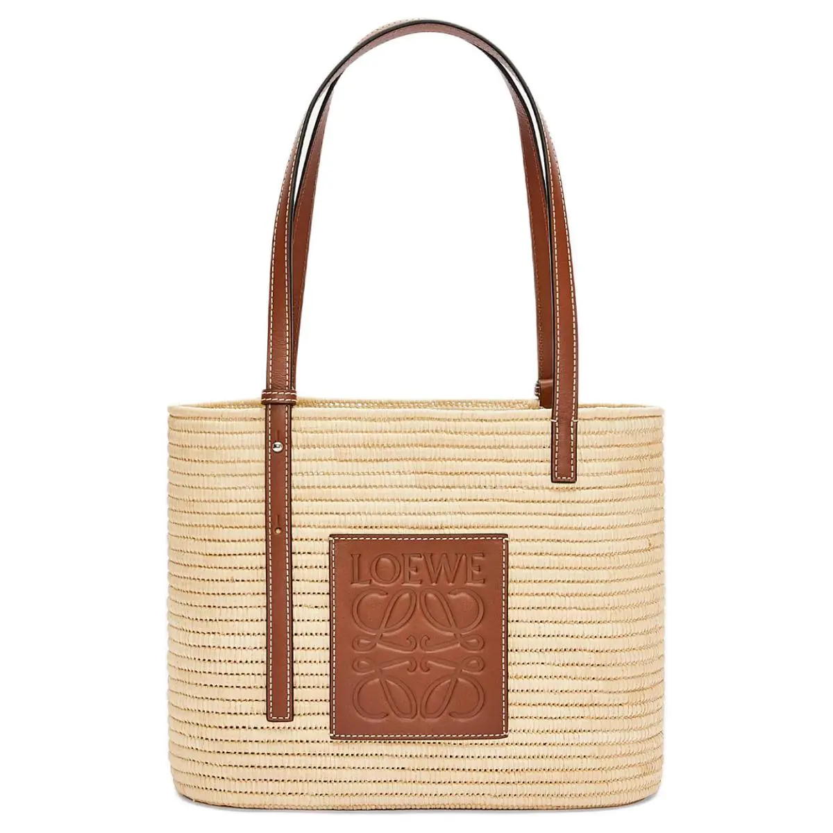 LOEWE Basket Square Raffia and Leather Handbag for Women, Natural and Walnut